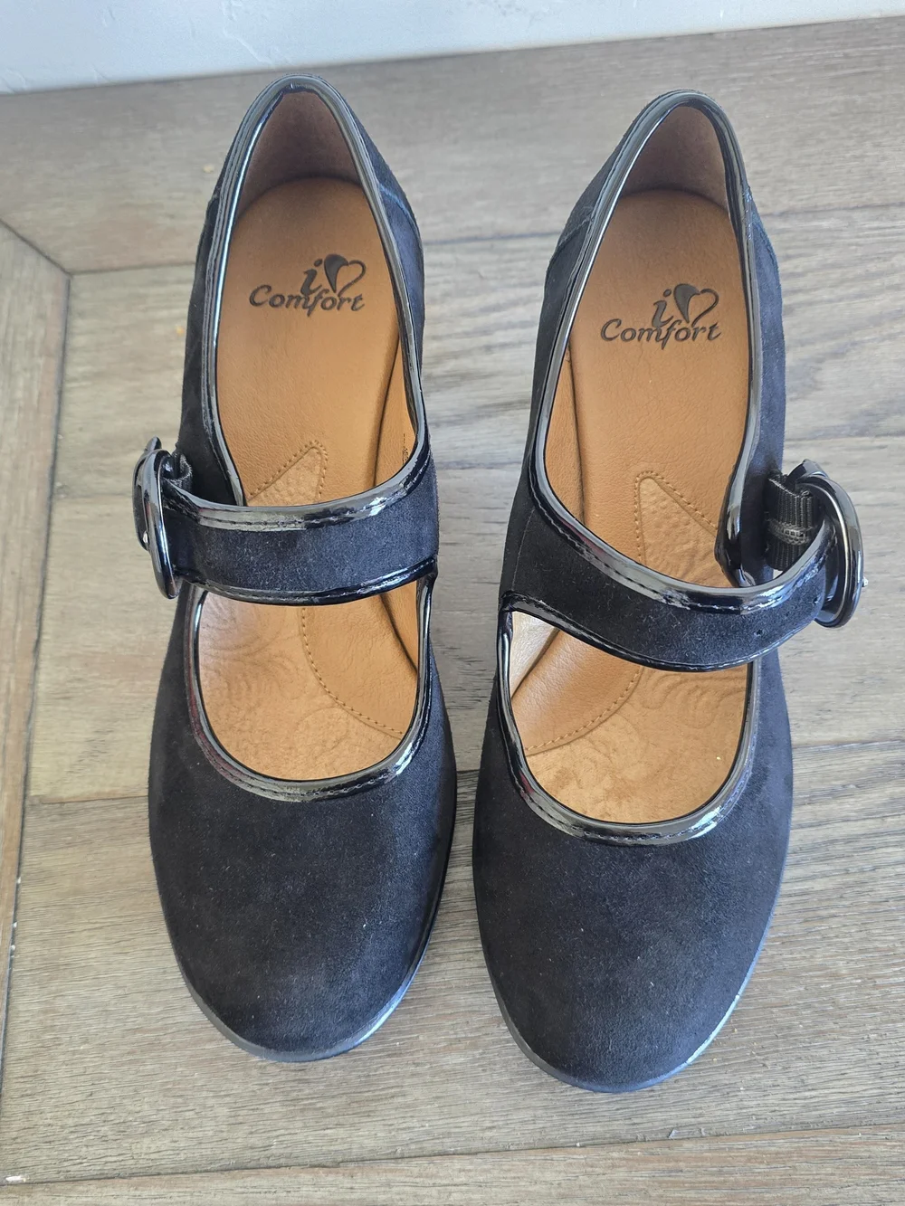iComfort Black Suede Mary Jane Kitten Heels Buckle Strap Shoes 7.5 Retro Goth